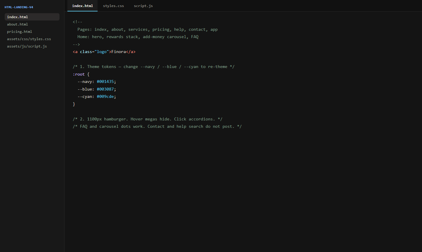 Code editor showing labeled Finora HTML and CSS sections