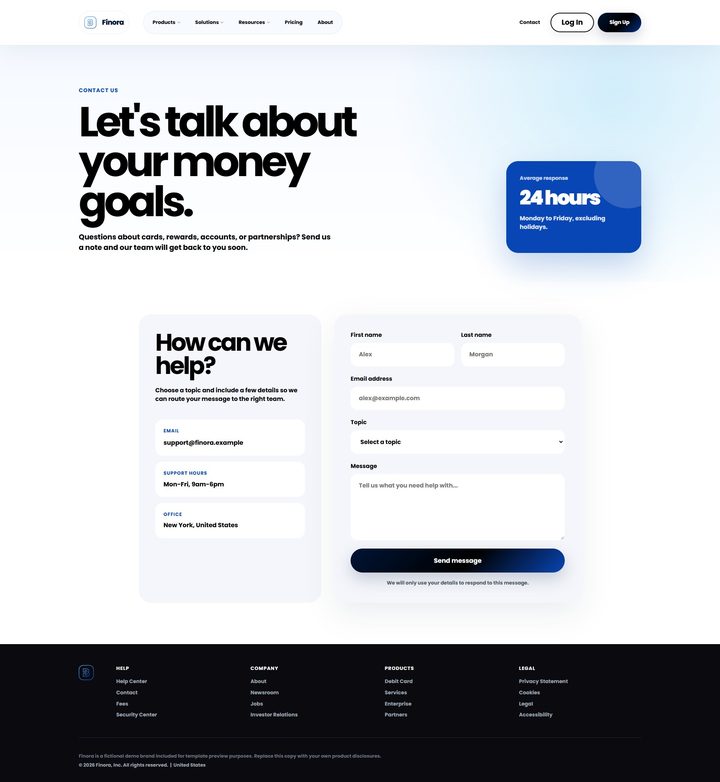 Full Finora contact page from top to bottom
