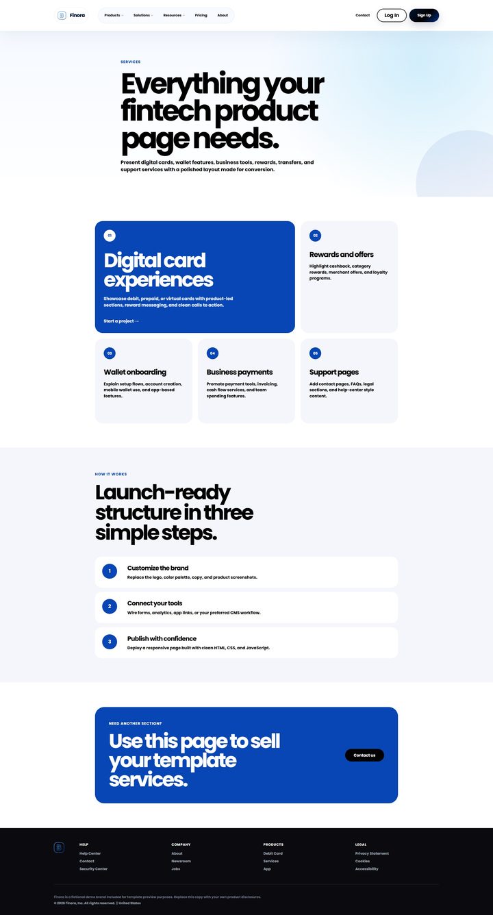 Full Finora services page from top to bottom