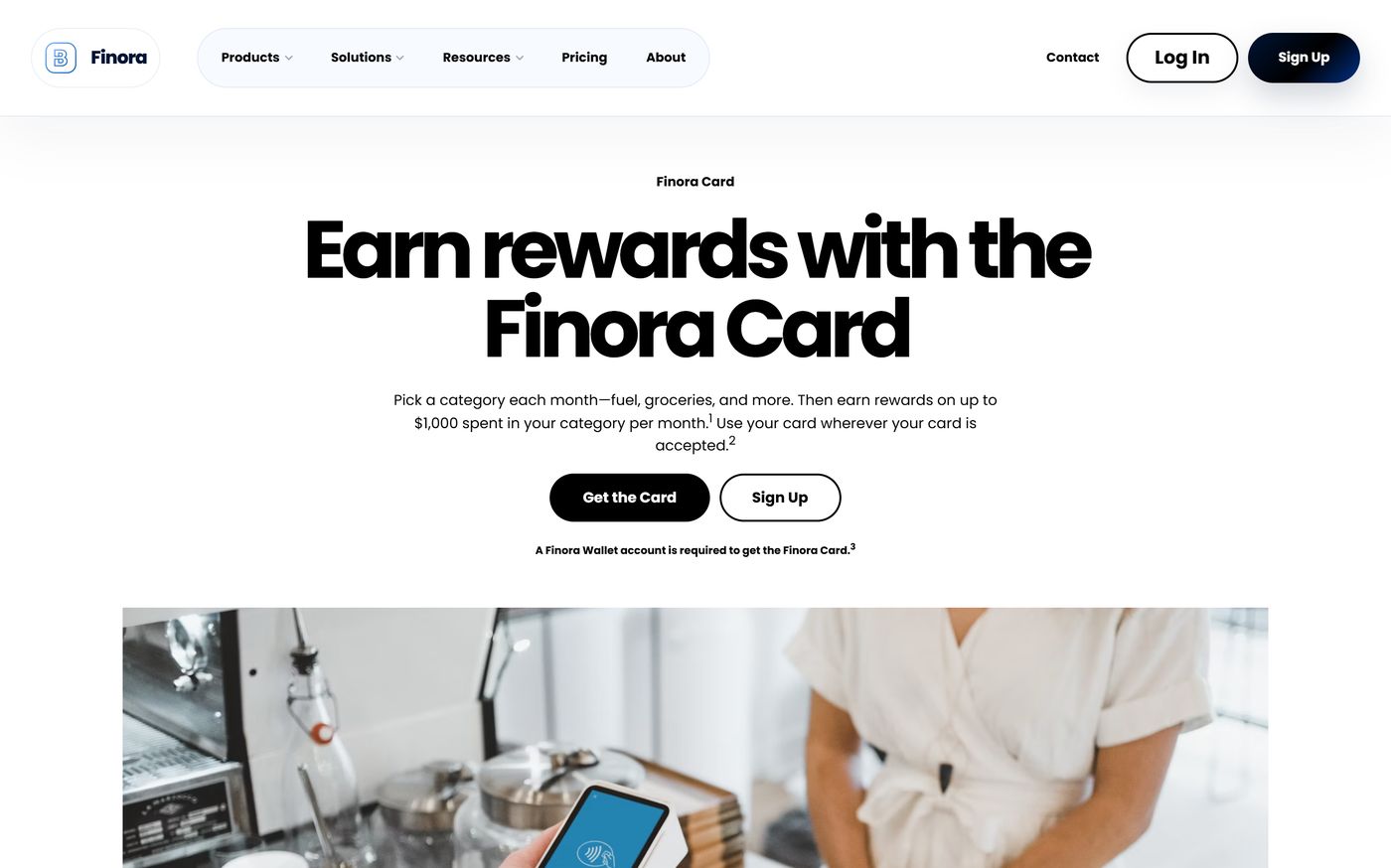 Finora home hero with card headline