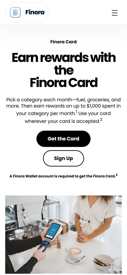 Finora home hero on a phone with hamburger nav