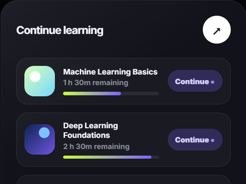 Continue learning course cards and progress tracker