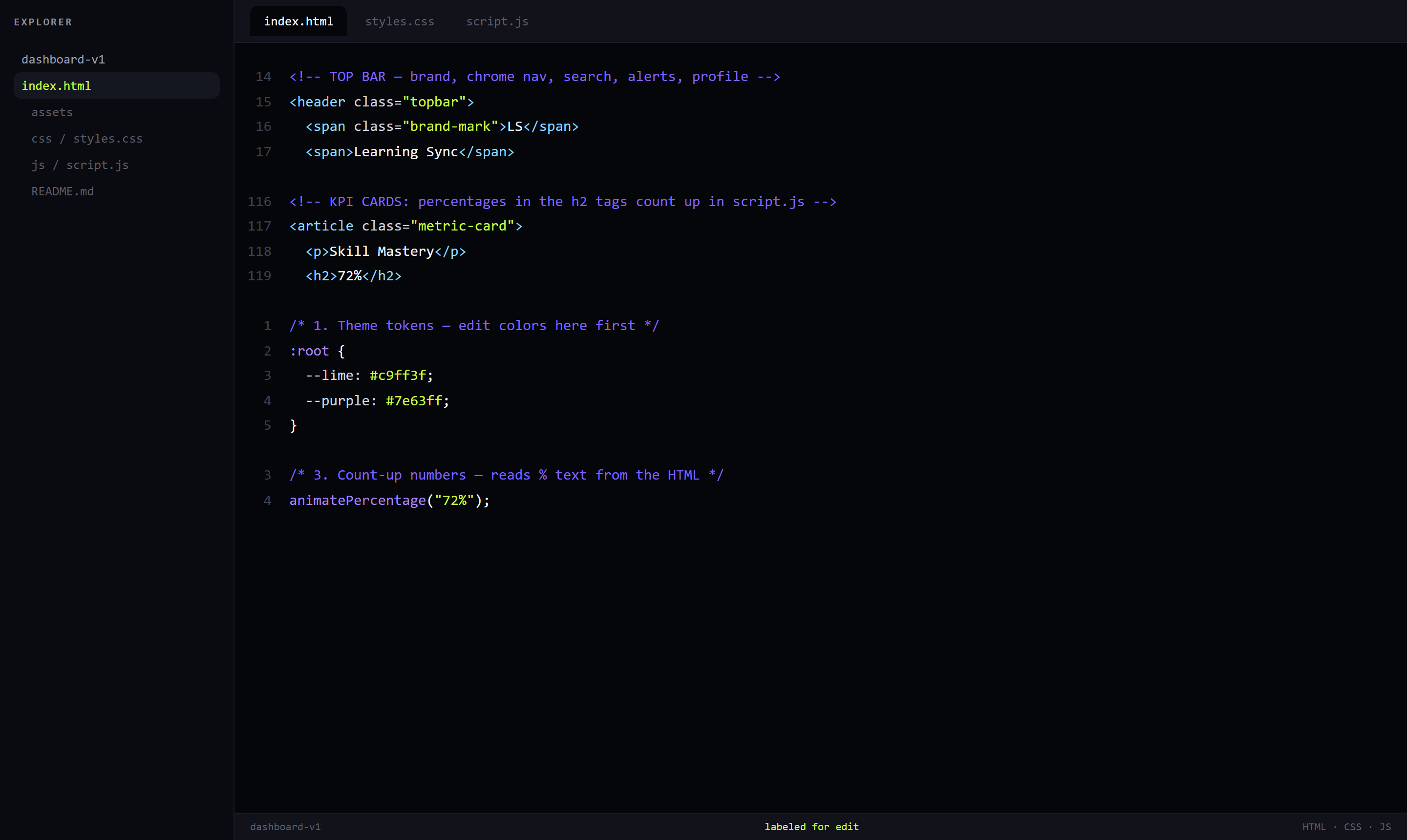 Code editor showing labeled Learning Sync HTML, CSS, and JavaScript sections