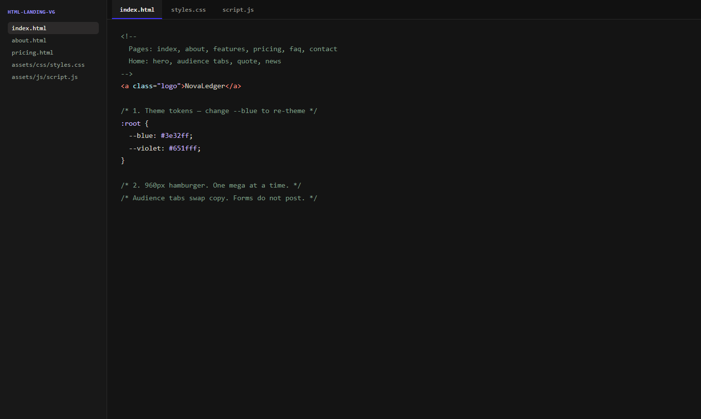 Code editor showing labeled NovaLedger HTML and CSS sections
