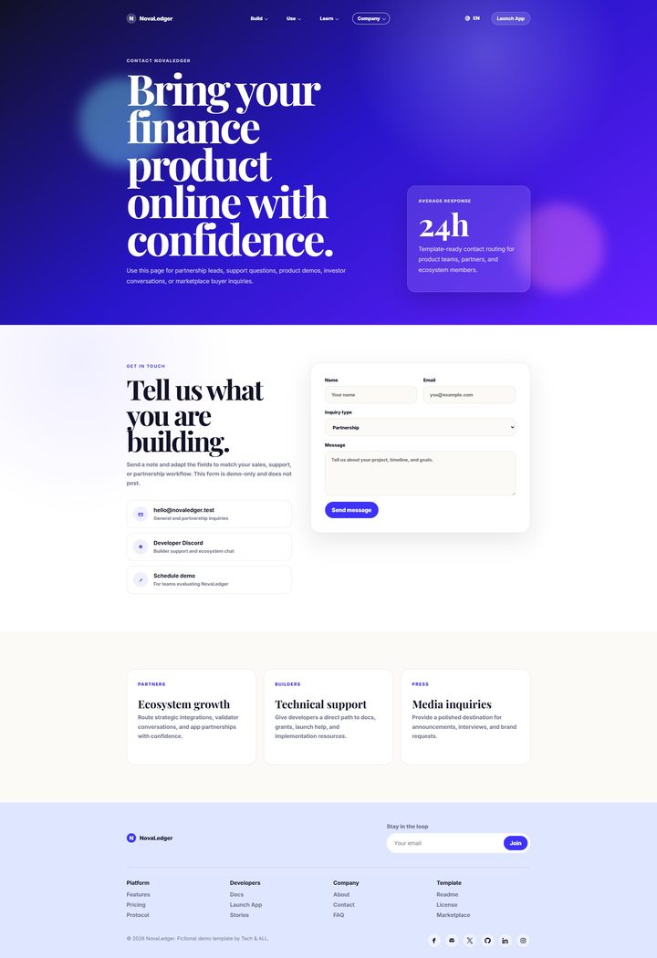 Full NovaLedger contact page from top to bottom
