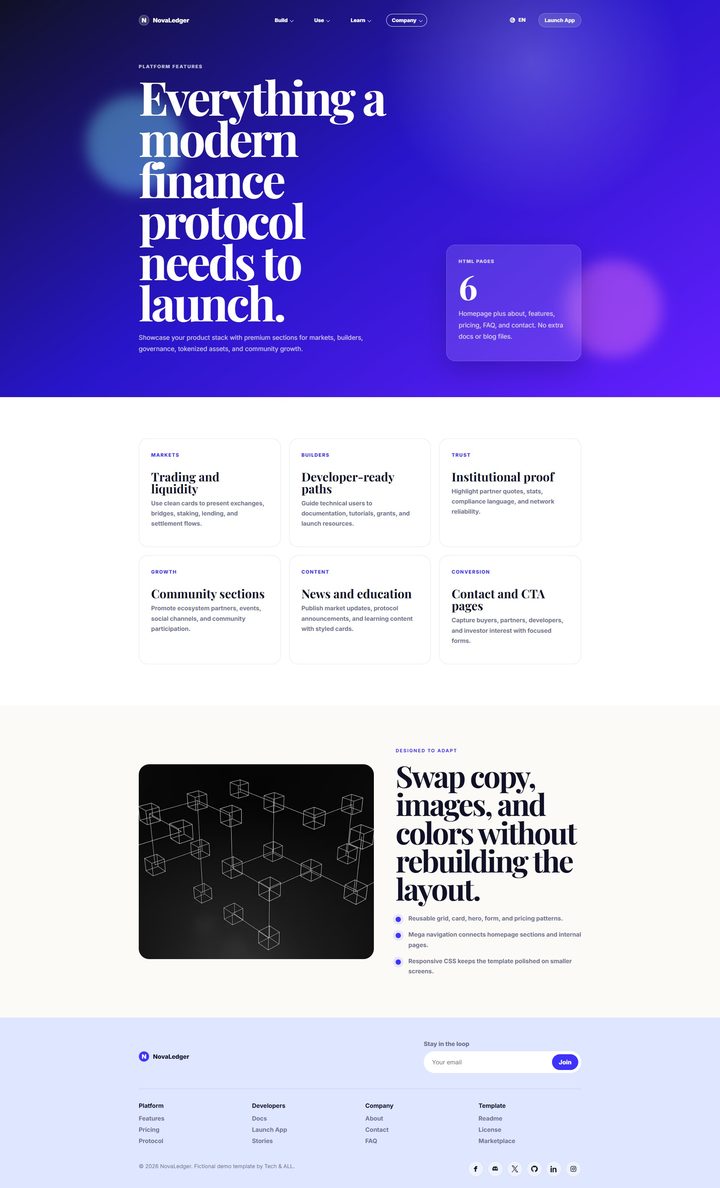 Full NovaLedger features page from top to bottom