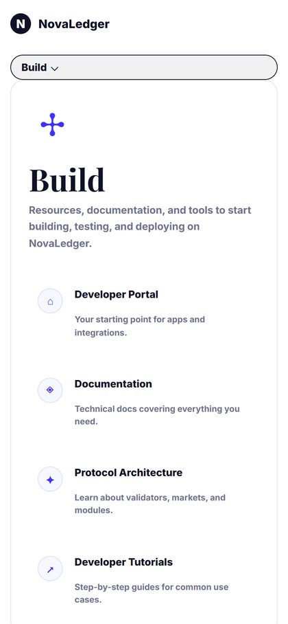 NovaLedger hamburger menu open on a phone