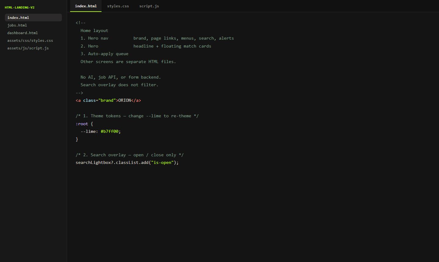 Code editor showing labeled Orion HTML and CSS sections