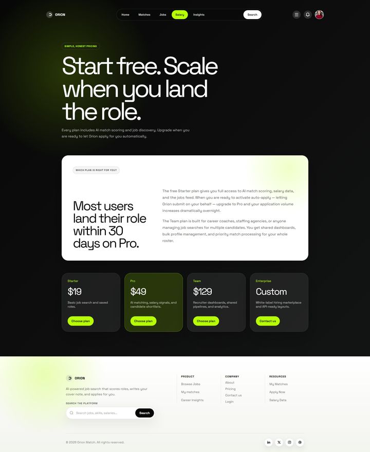 Full Orion pricing page from top to bottom