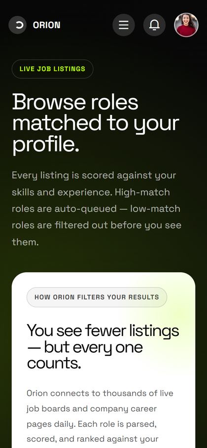 Orion jobs page on a phone