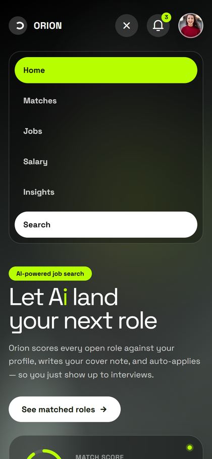 Orion hamburger menu open on a phone