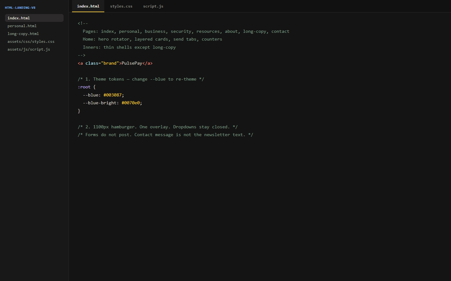 Code editor showing labeled PulsePay HTML and CSS sections