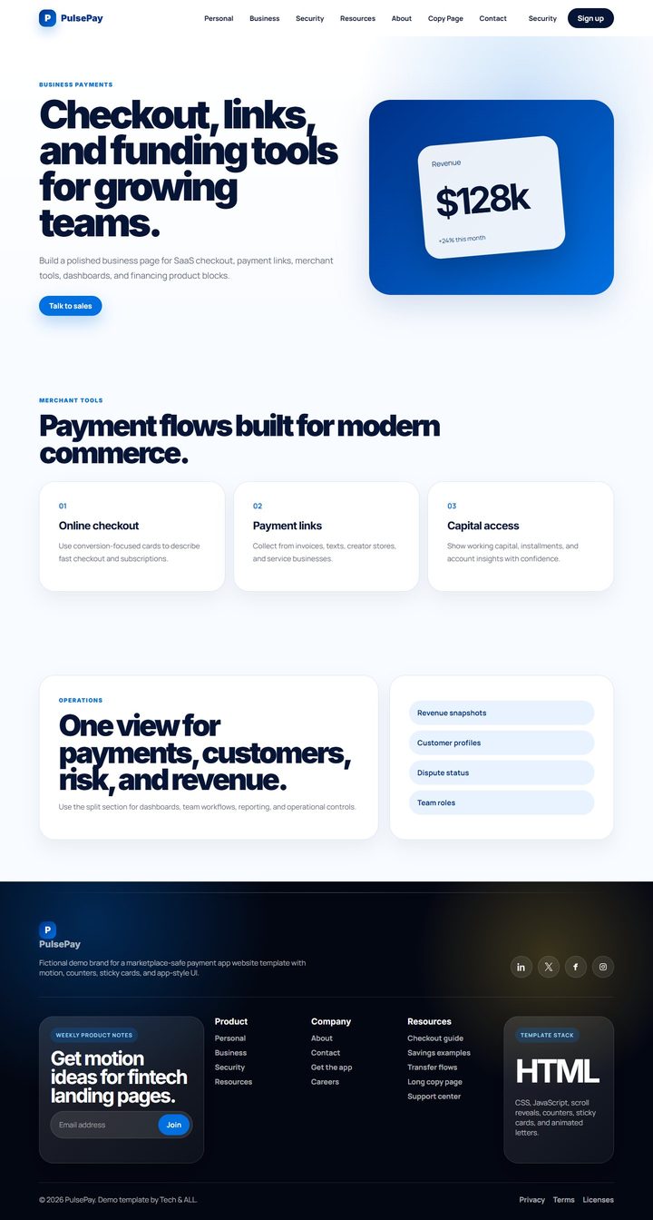 Full PulsePay business page from top to bottom