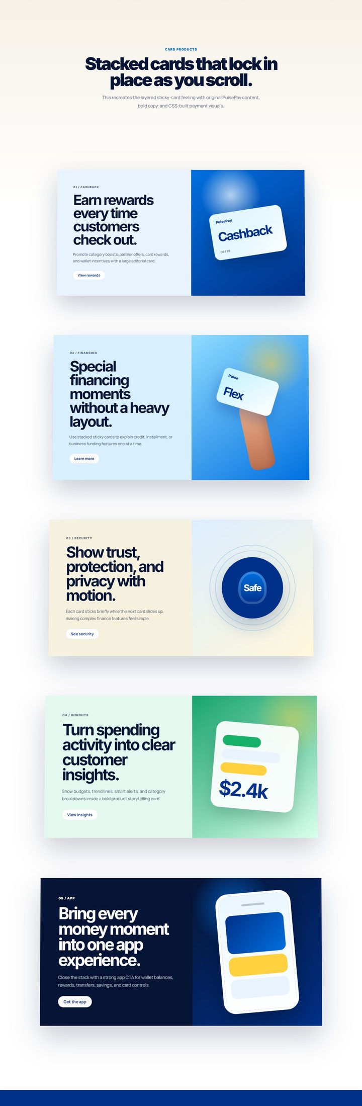 PulsePay homepage layered cards