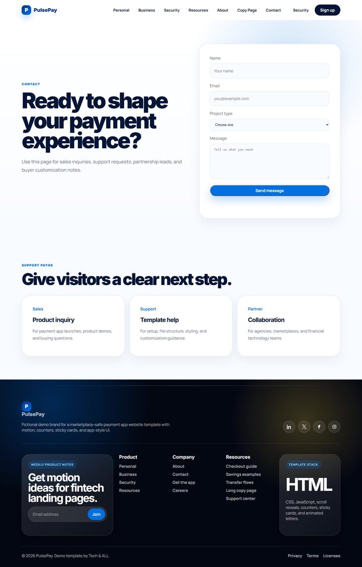 Full PulsePay contact page from top to bottom