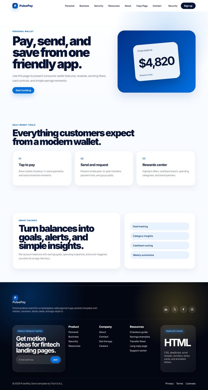Full PulsePay personal page from top to bottom