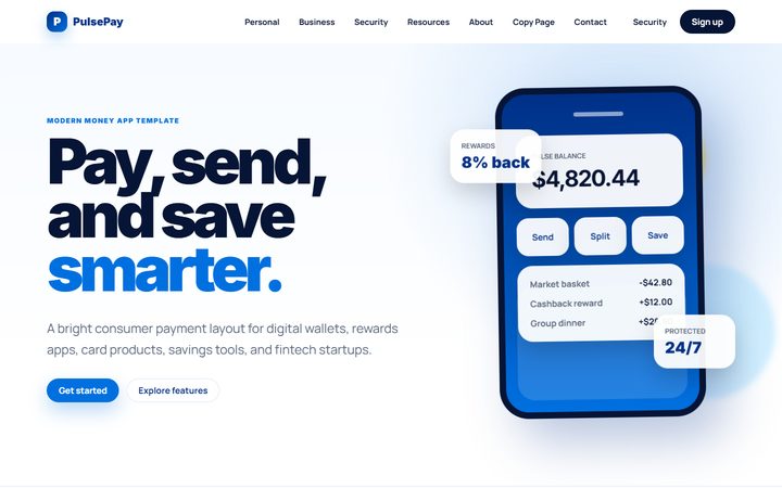 PulsePay home hero with CSS phone mock
