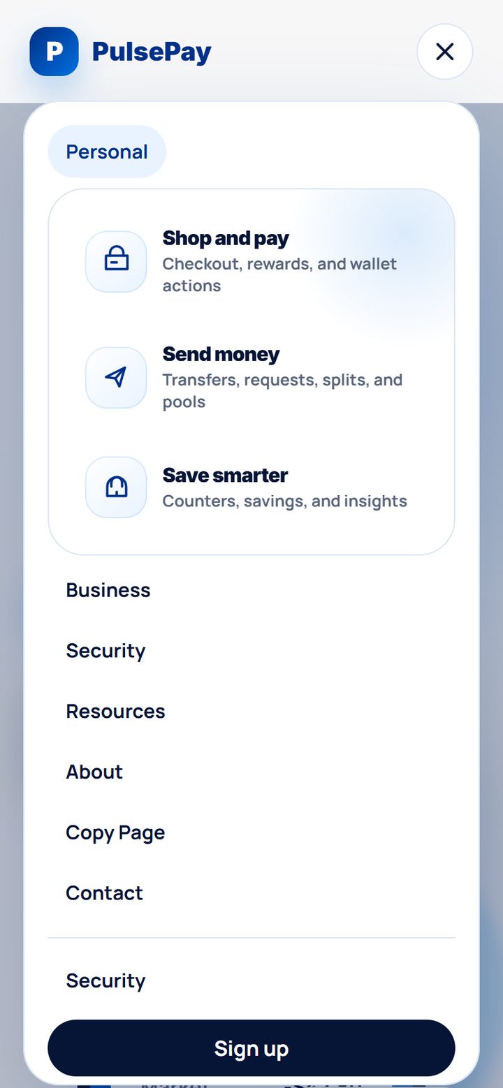 PulsePay hamburger menu open on a phone