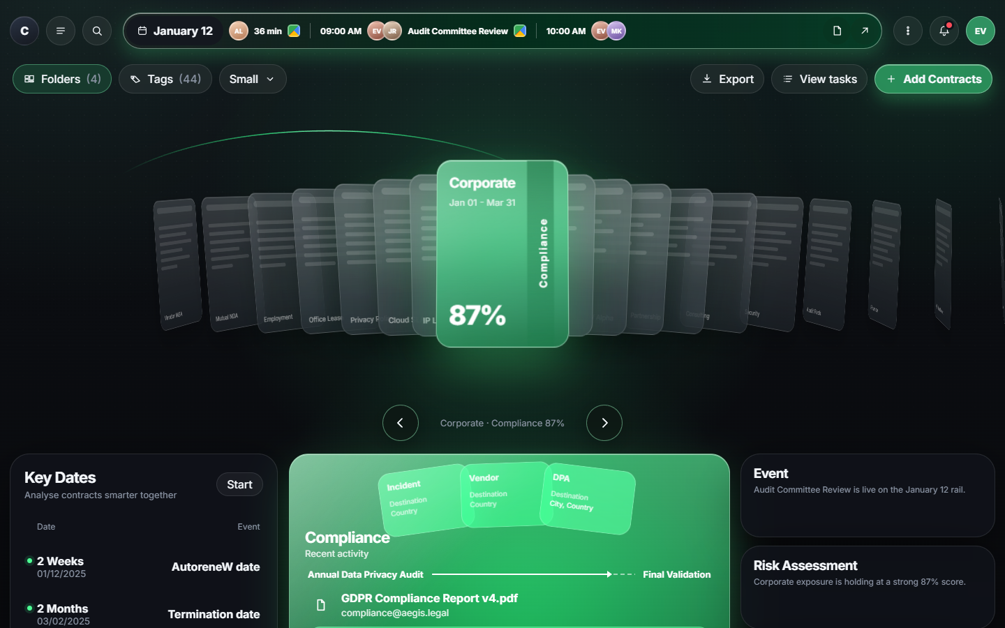 Cove contract dashboard with the 3D fan and emerald panels