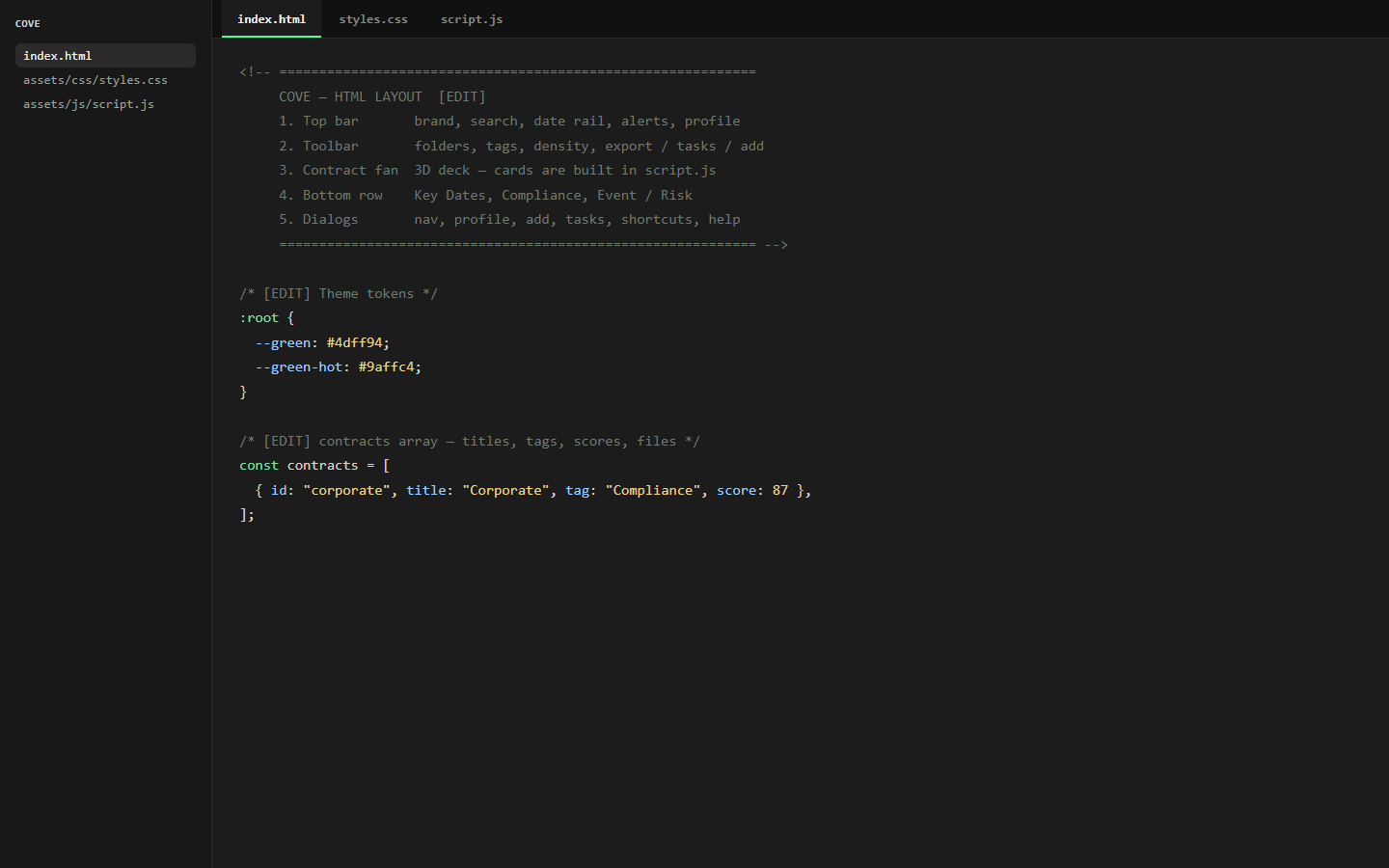 Code editor showing labeled Cove HTML, CSS, and JavaScript sections