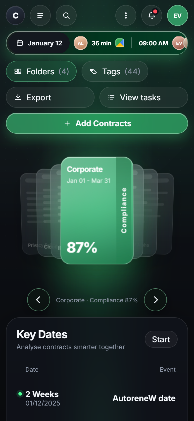 Cove contract dashboard on a phone