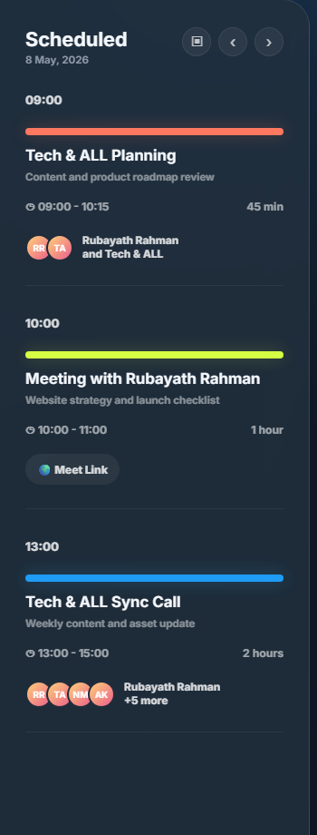 Scheduled agenda panel with three events