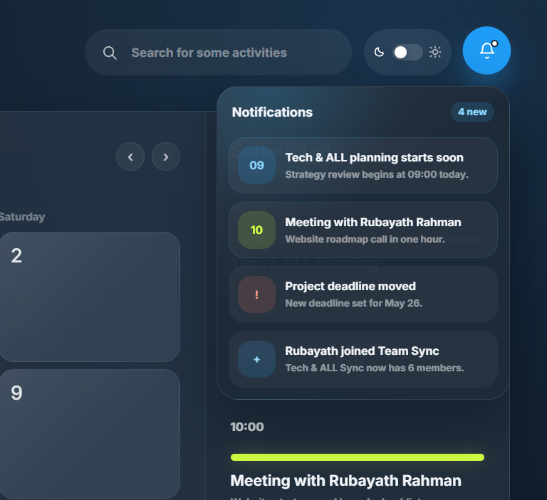 Notifications dropdown with four unread alerts