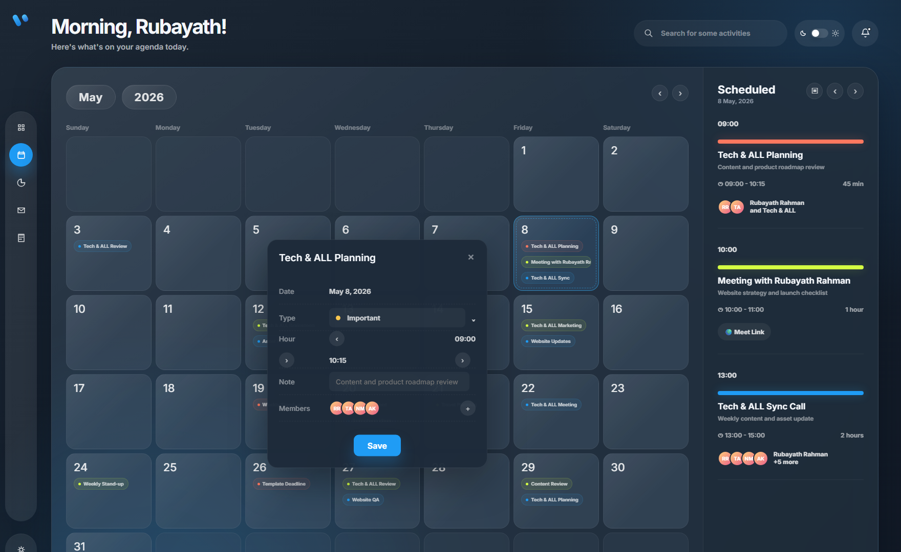 Vela calendar dashboard in dark theme