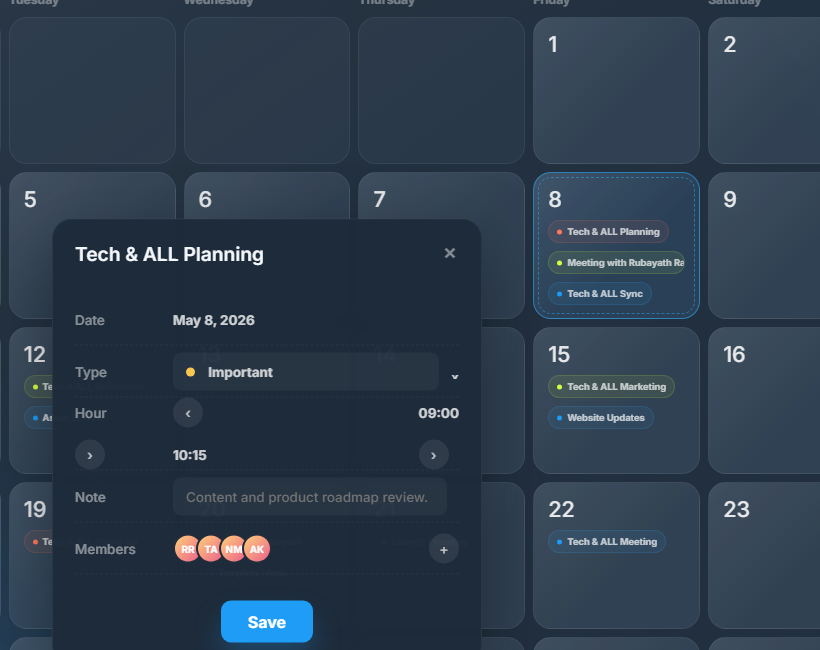 Event details modal on a selected calendar day