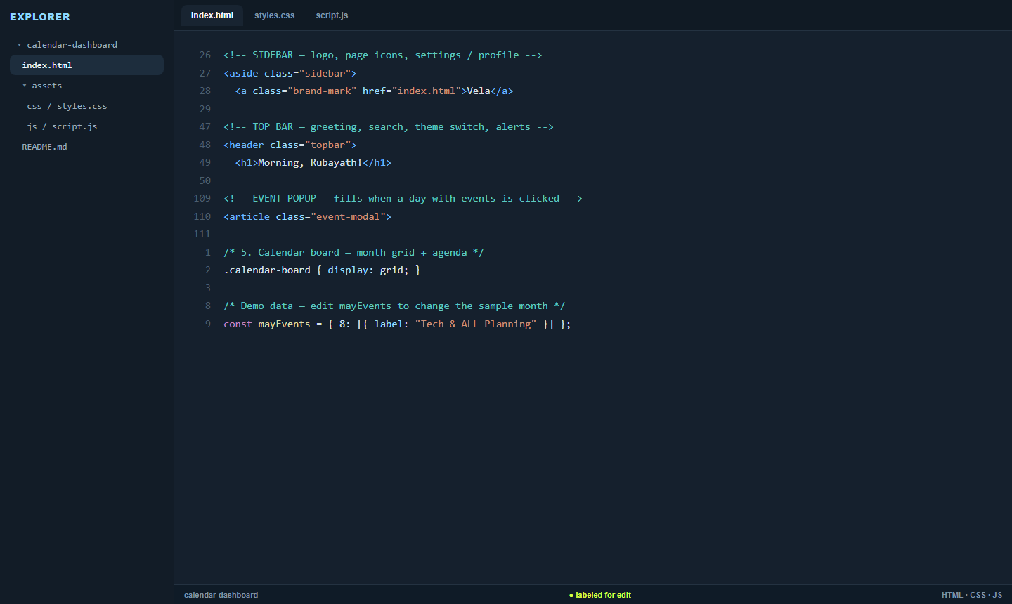 Code editor showing labeled Vela HTML, CSS, and JavaScript sections
