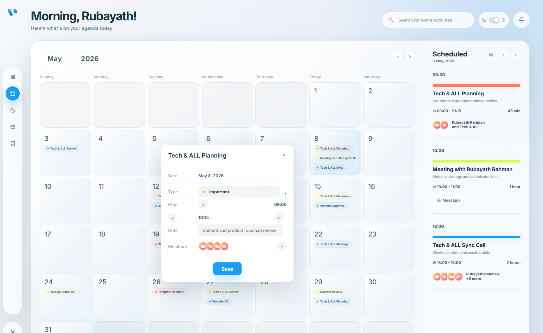 Vela calendar dashboard in light theme