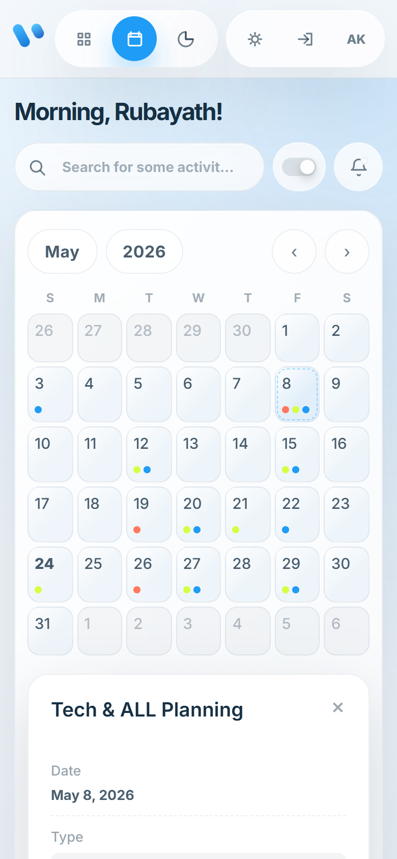 Vela calendar dashboard on a phone in light theme