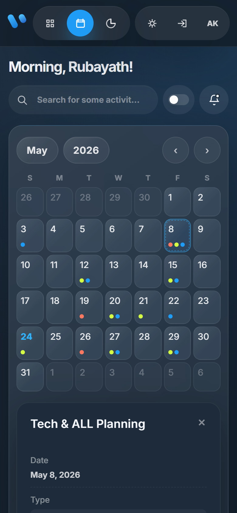 Vela calendar dashboard on a phone in dark theme