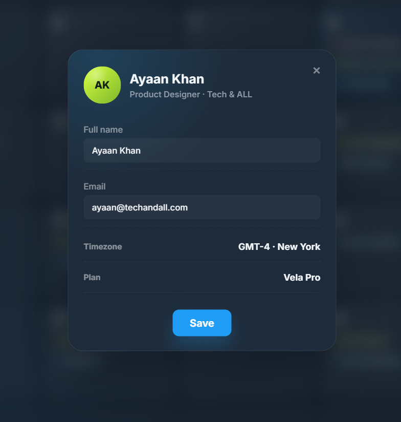 User profile popup with name, email, timezone, and plan
