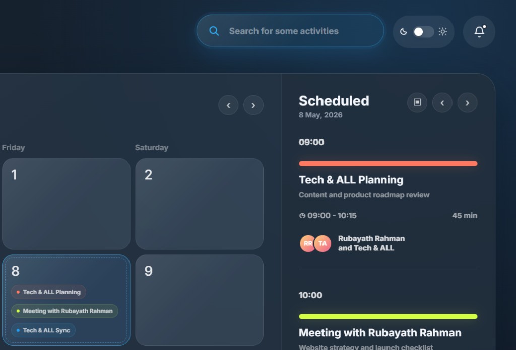 Search bar, theme toggle, notifications, and scheduled agenda