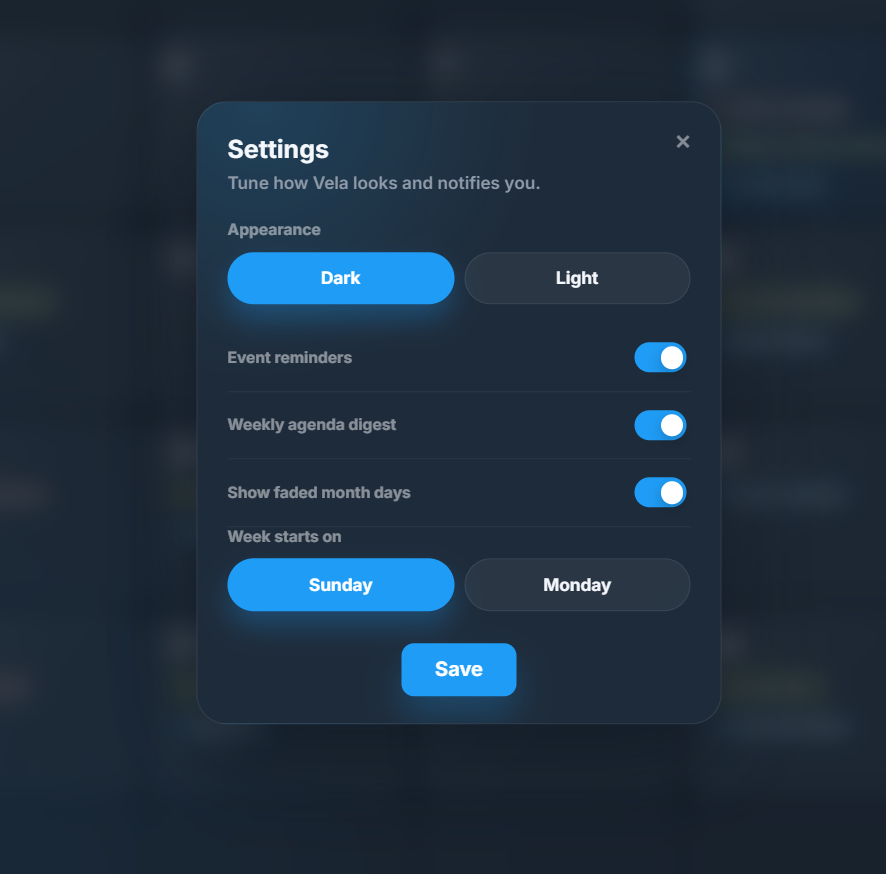 Settings popup with theme, reminders, and week start