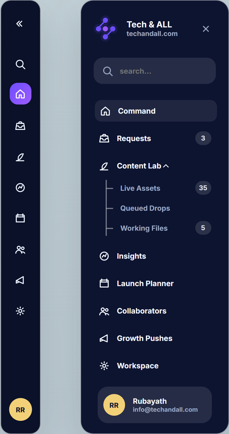 NeatHub dark sidebar with icon rail and menu panel
