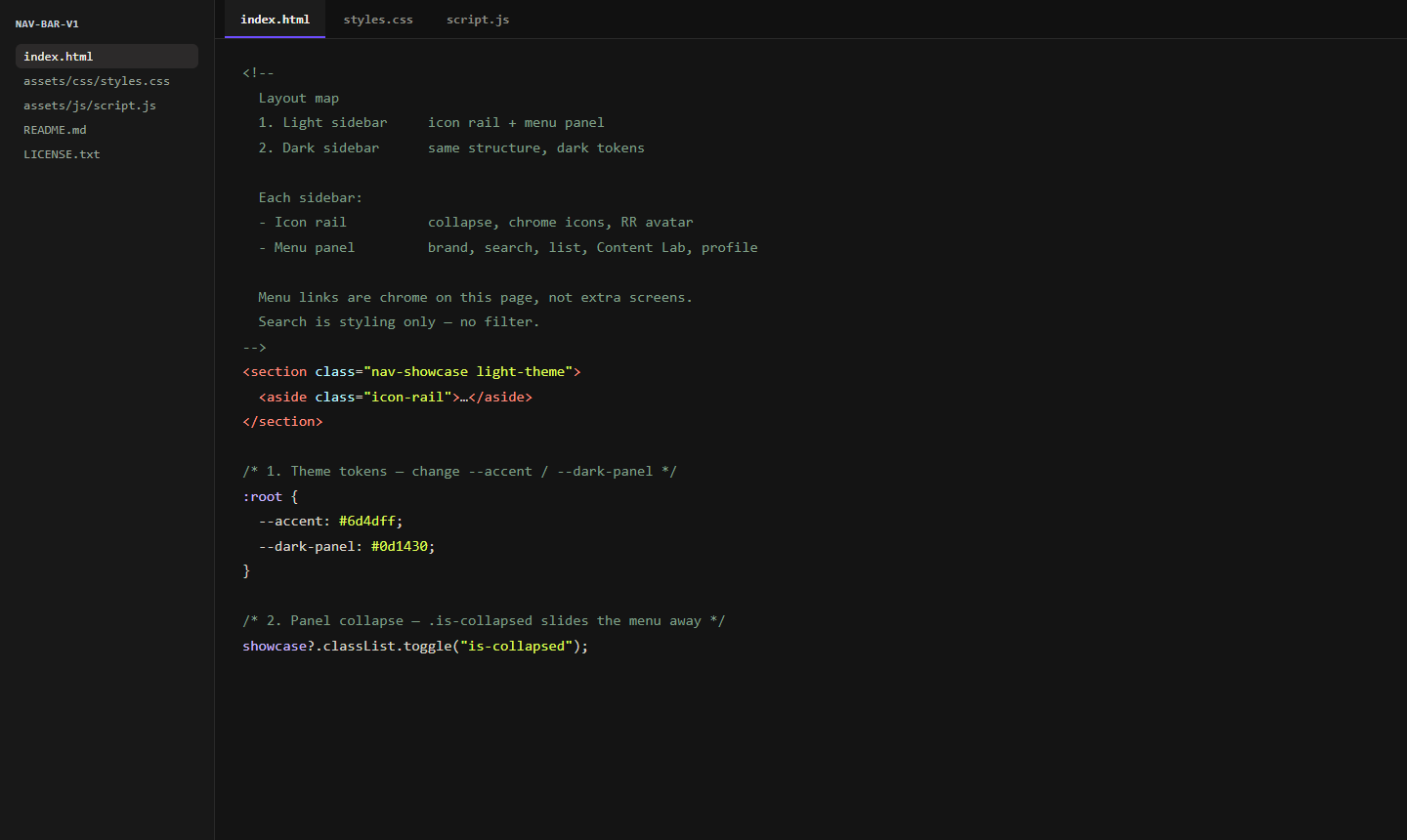 Code editor showing labeled NeatHub HTML, CSS, and JavaScript sections