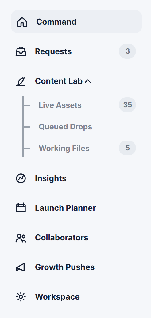 Content Lab nested menu with badge counts
